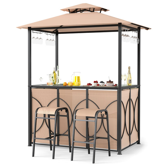 6.5 × 4 × 8 ft Gazebo Bar Set with Glass Table & 2 Stools