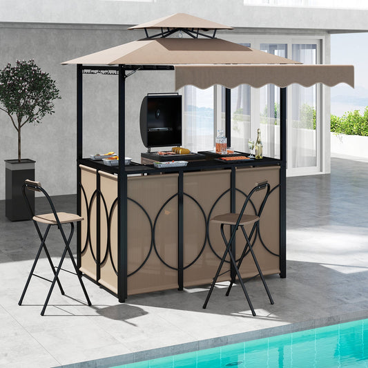 Soft-Top Grill Gazebo with Retractable Awning & 2 Folding Bar Chairs