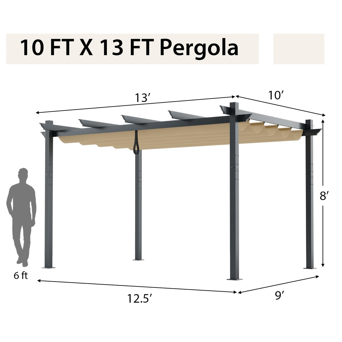 10 × 13 ft Aluminum Pergola with Retractable Canopy – Beige