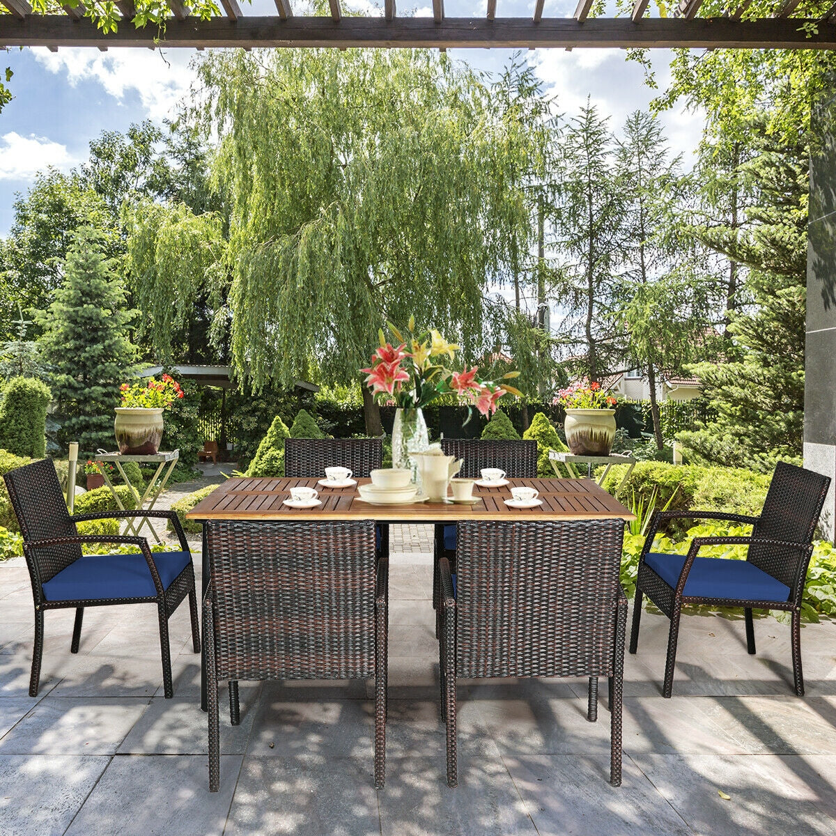 7-Piece Rattan Patio Dining Set with Acacia Table and Umbrella Hole