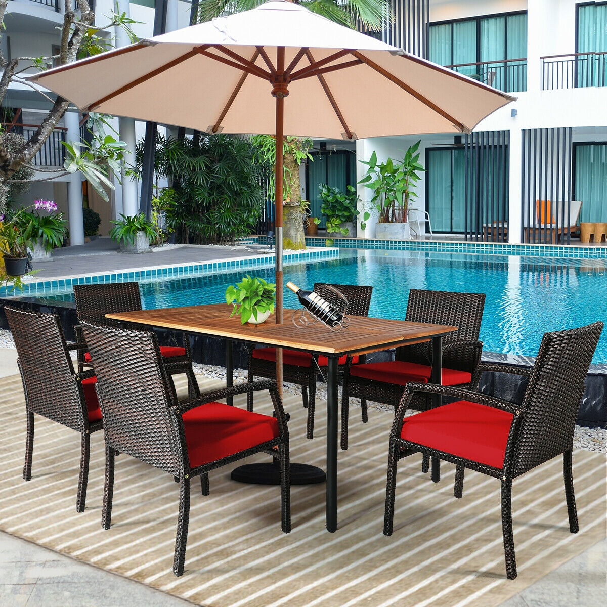 7-Piece Rattan Patio Dining Set with Acacia Table and Umbrella Hole