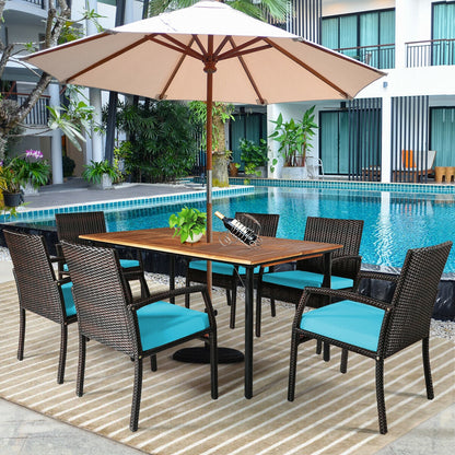 7-Piece Rattan Patio Dining Set with Acacia Table and Umbrella Hole