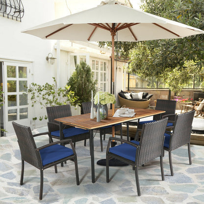 7-Piece Rattan Patio Dining Set with Acacia Table and Umbrella Hole