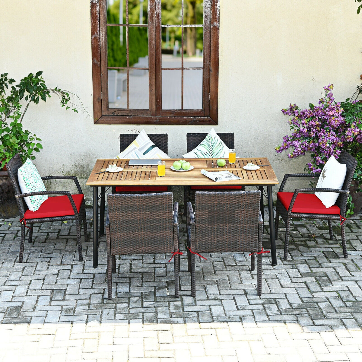 7-Piece Rattan Patio Dining Set with Acacia Table and Umbrella Hole
