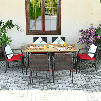 7-Piece Rattan Patio Dining Set with Acacia Table and Umbrella Hole