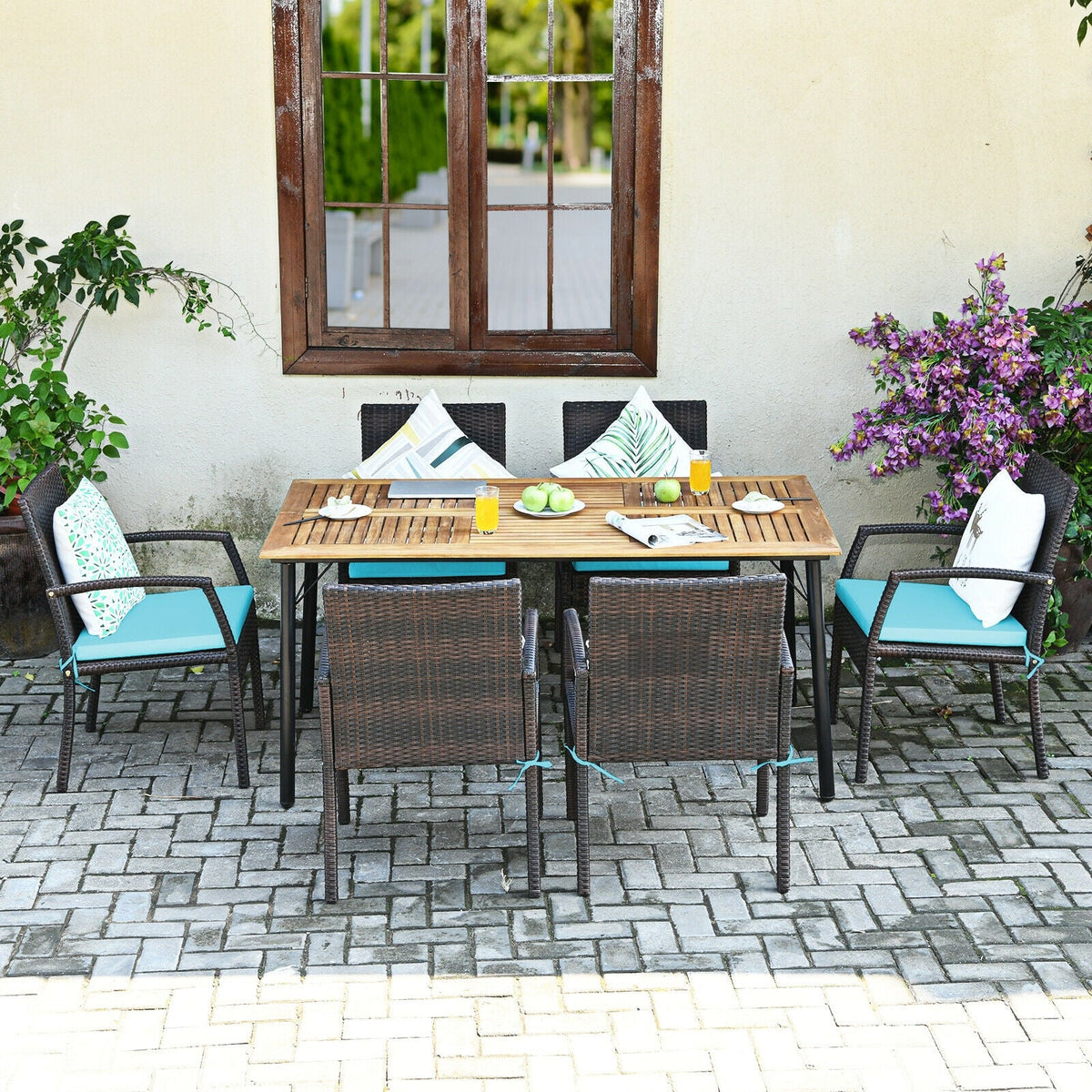 7-Piece Rattan Patio Dining Set with Acacia Table and Umbrella Hole