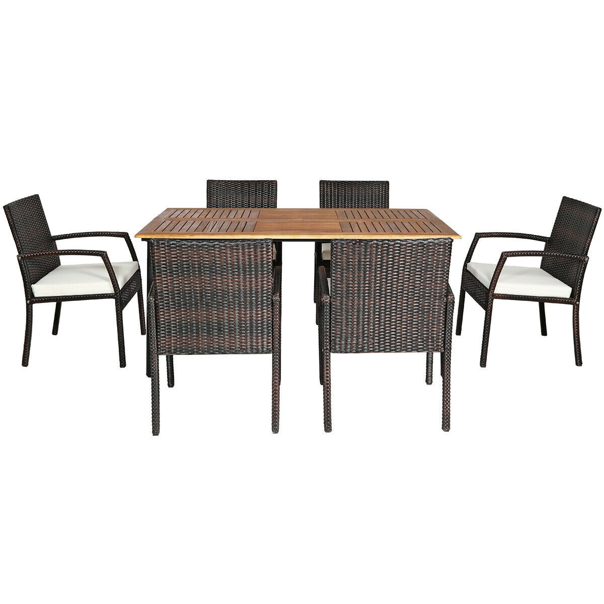 7-Piece Rattan Patio Dining Set with Acacia Table and Umbrella Hole