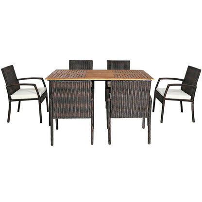7-Piece Rattan Patio Dining Set with Acacia Table and Umbrella Hole