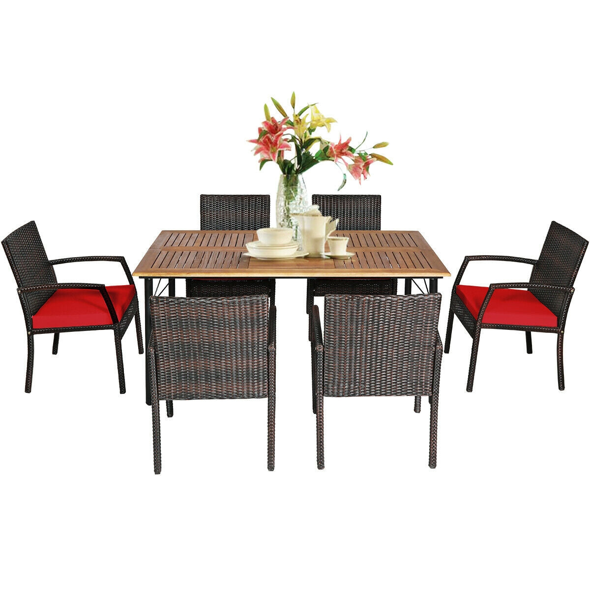7-Piece Rattan Patio Dining Set with Acacia Table and Umbrella Hole