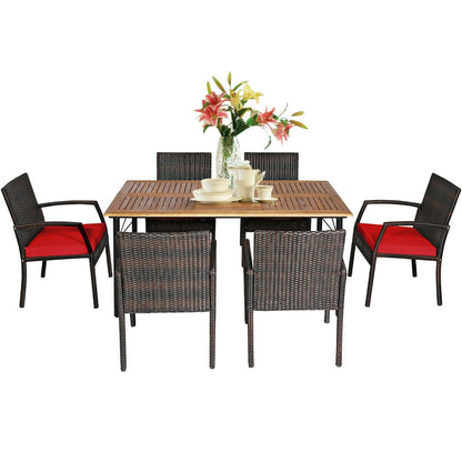 7-Piece Rattan Patio Dining Set with Acacia Table and Umbrella Hole