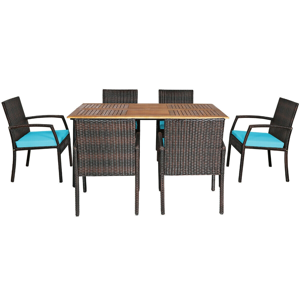 7-Piece Rattan Patio Dining Set with Acacia Table and Umbrella Hole