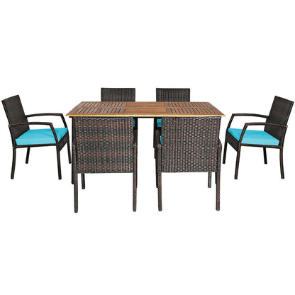 7-Piece Rattan Patio Dining Set with Acacia Table and Umbrella Hole