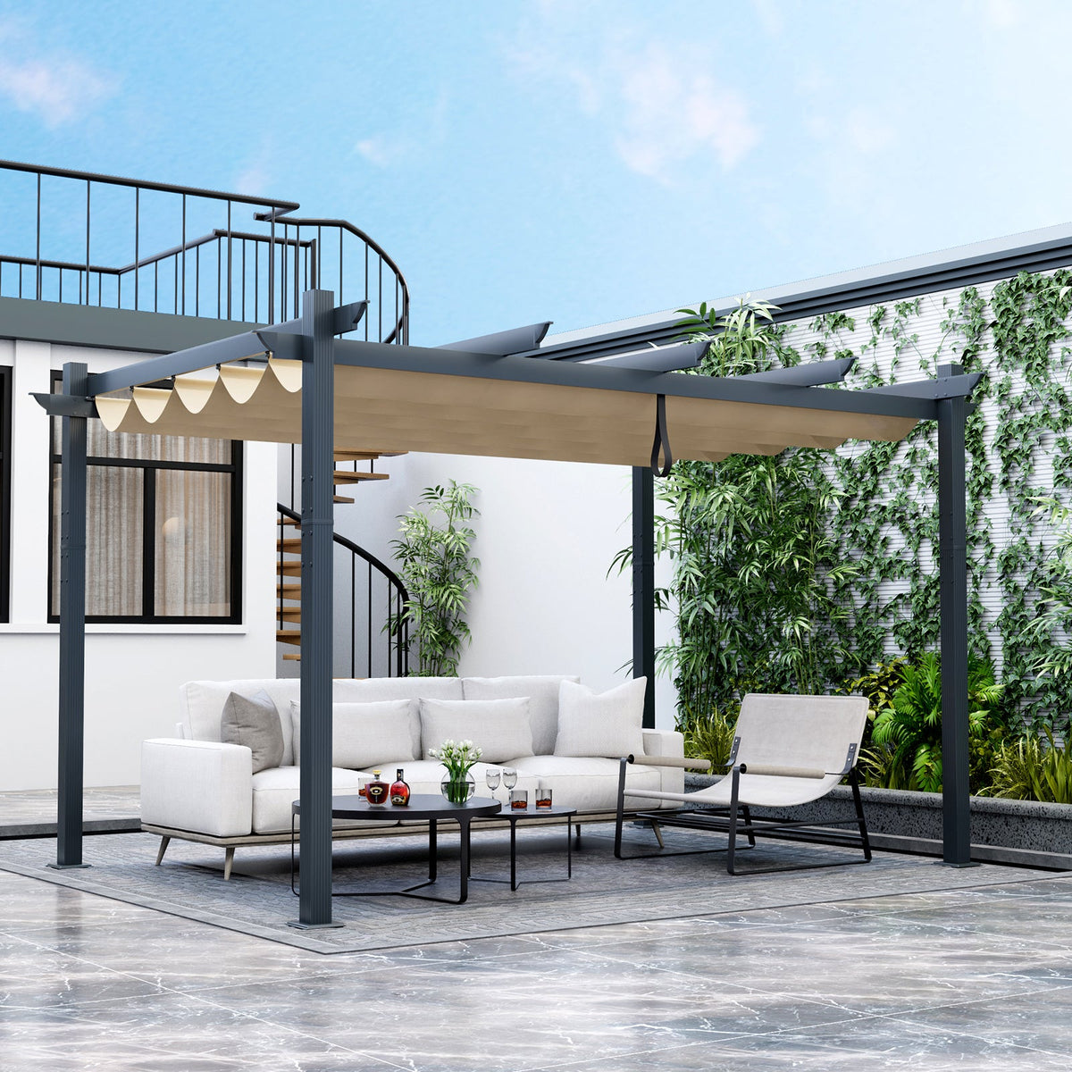 10 × 13 ft Aluminum Pergola with Retractable Canopy – Beige