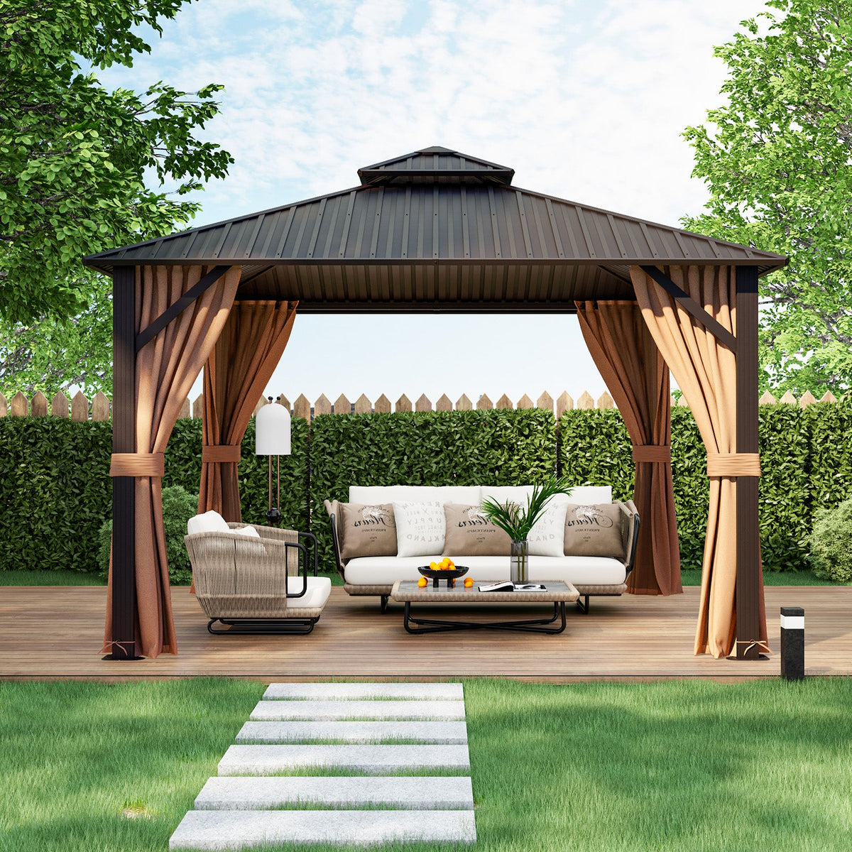 12 × 12 ft Double-Roof Hardtop Gazebo with Netting & Curtains – Coffee