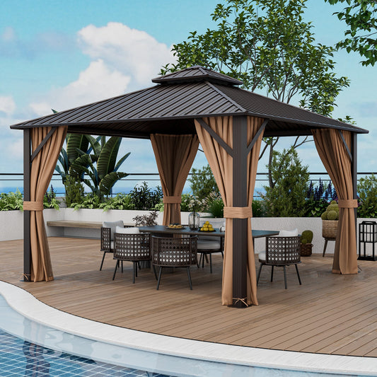 12 × 12 ft Double-Roof Hardtop Gazebo with Netting & Curtains – Coffee