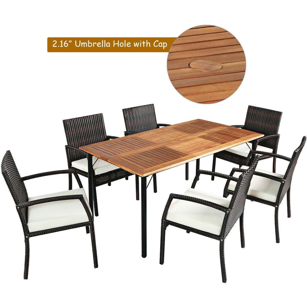 7-Piece Rattan Patio Dining Set with Acacia Table and Umbrella Hole