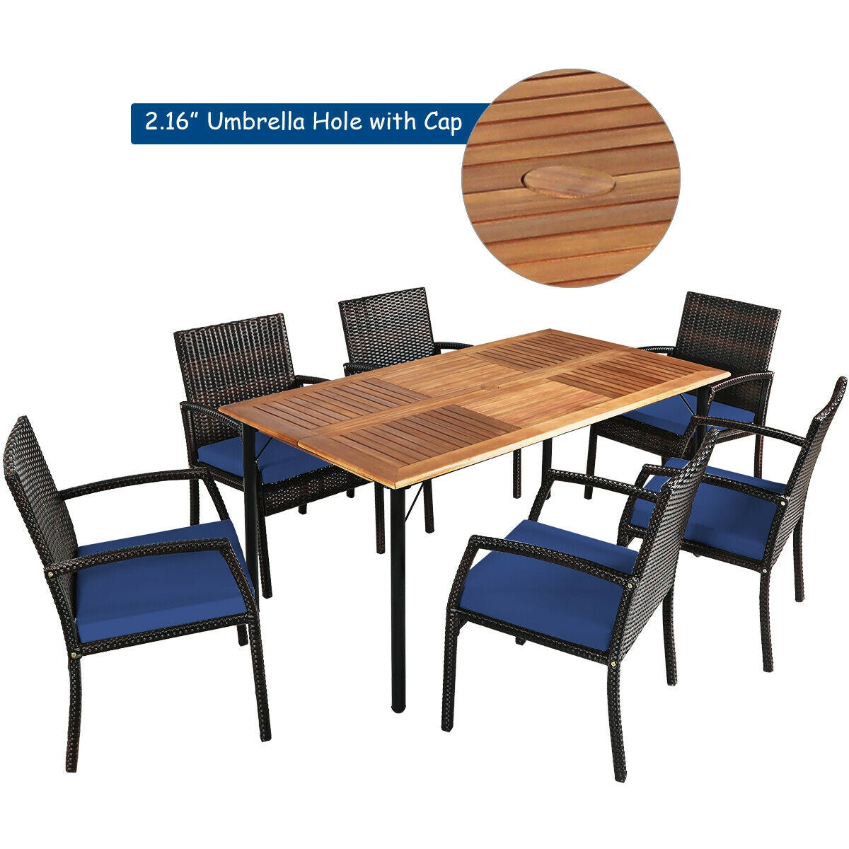 7-Piece Rattan Patio Dining Set with Acacia Table and Umbrella Hole