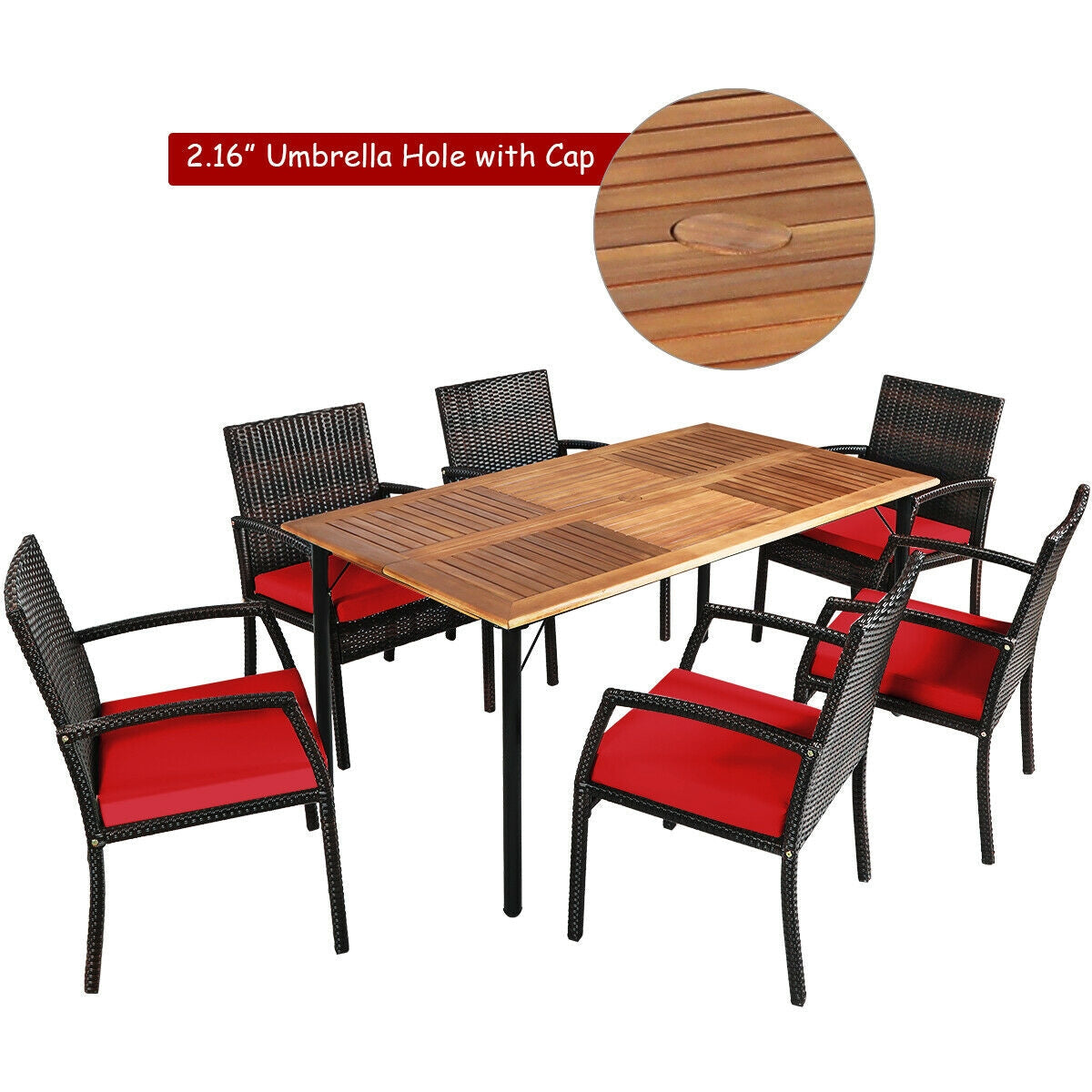 7-Piece Rattan Patio Dining Set with Acacia Table and Umbrella Hole