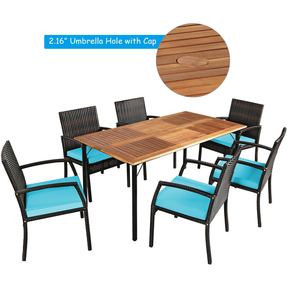 7-Piece Rattan Patio Dining Set with Acacia Table and Umbrella Hole