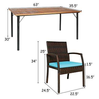 7-Piece Rattan Patio Dining Set with Acacia Table and Umbrella Hole