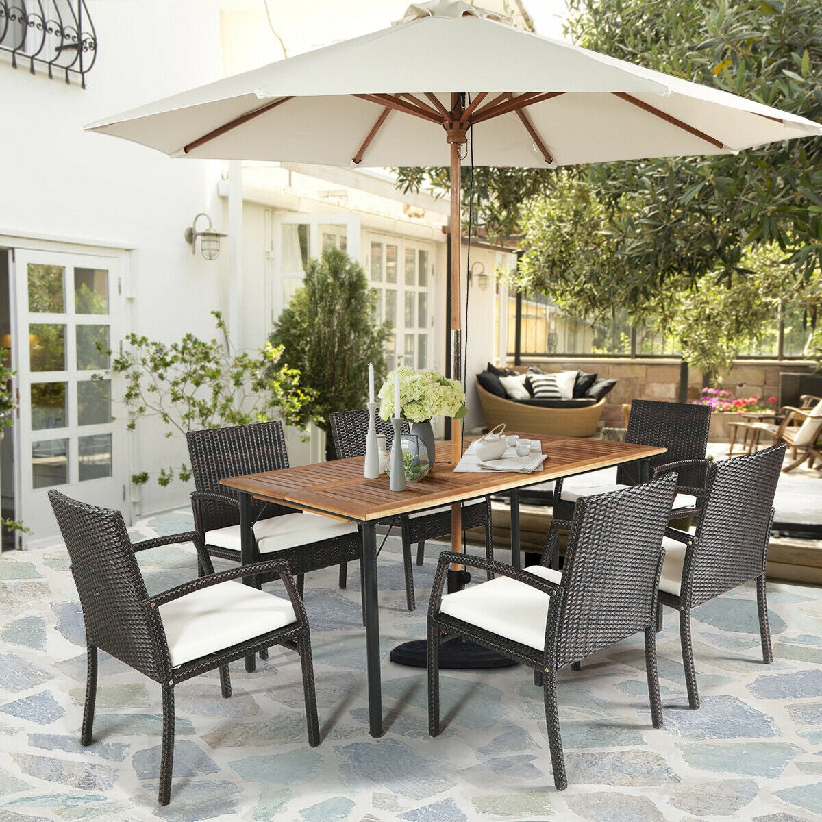 7-Piece Rattan Patio Dining Set with Acacia Table and Umbrella Hole