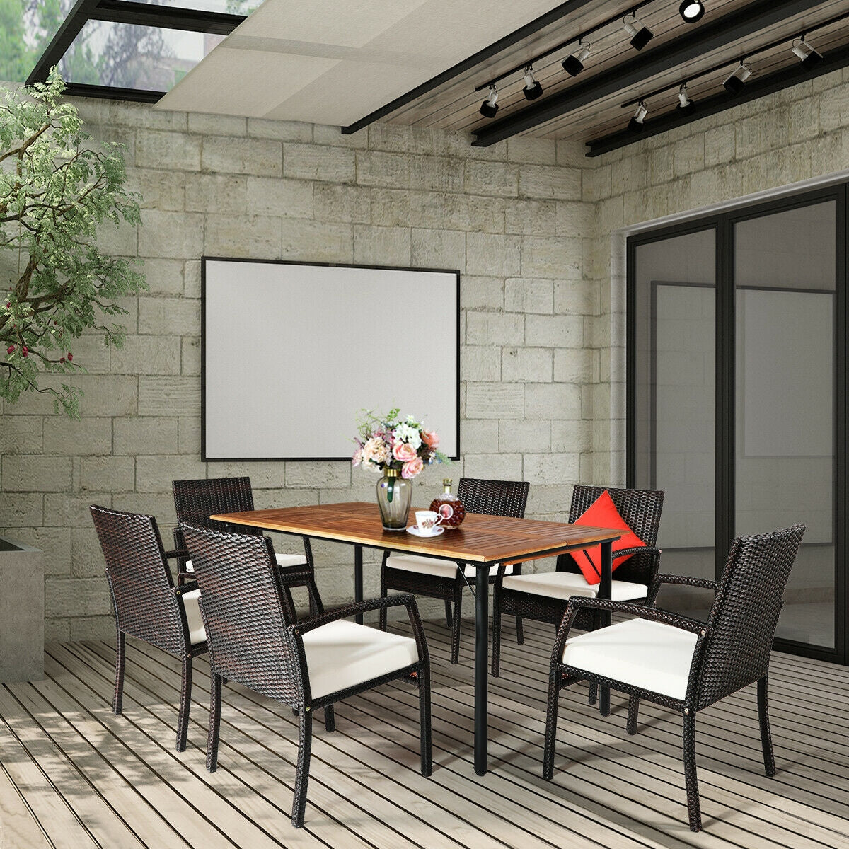 7-Piece Rattan Patio Dining Set with Acacia Table and Umbrella Hole