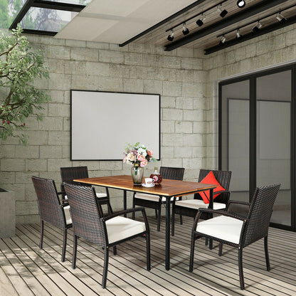 7-Piece Rattan Patio Dining Set with Acacia Table and Umbrella Hole