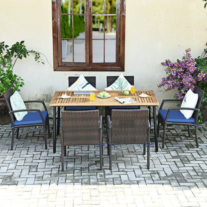 7-Piece Rattan Patio Dining Set with Acacia Table and Umbrella Hole