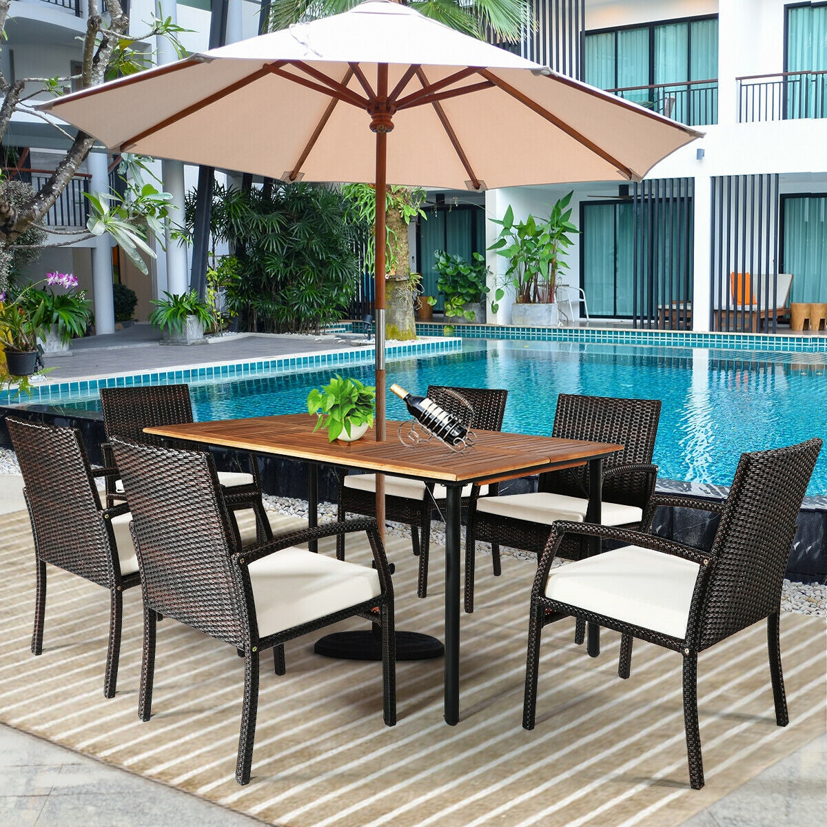 7-Piece Rattan Patio Dining Set with Acacia Table and Umbrella Hole