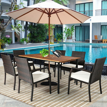 7-Piece Rattan Patio Dining Set with Acacia Table and Umbrella Hole