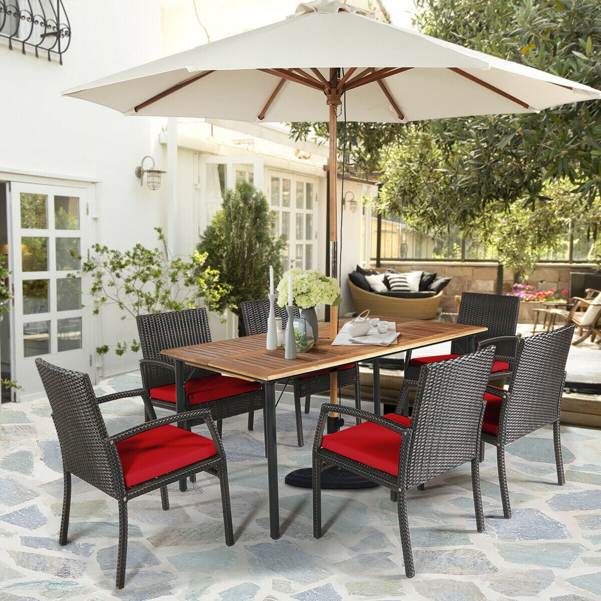 7-Piece Rattan Patio Dining Set with Acacia Table and Umbrella Hole