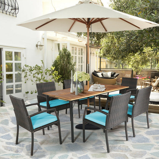 7-Piece Rattan Patio Dining Set with Acacia Table and Umbrella Hole