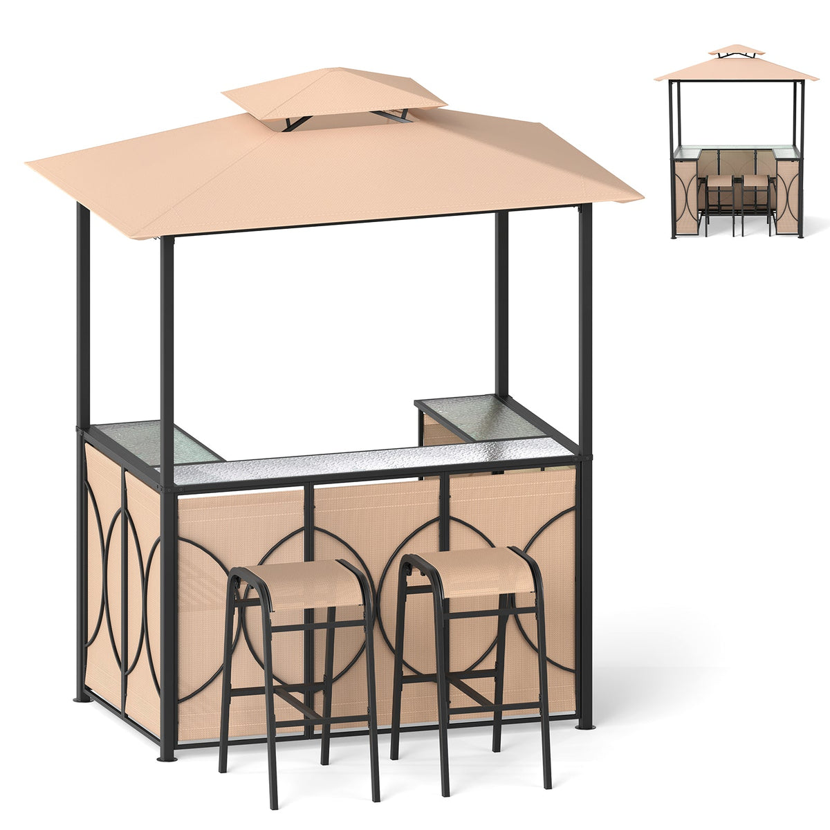 6.5 × 4 × 8 ft Gazebo Bar Set with Glass Table & 2 Stools