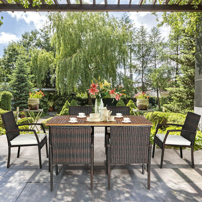 7-Piece Rattan Patio Dining Set with Acacia Table and Umbrella Hole