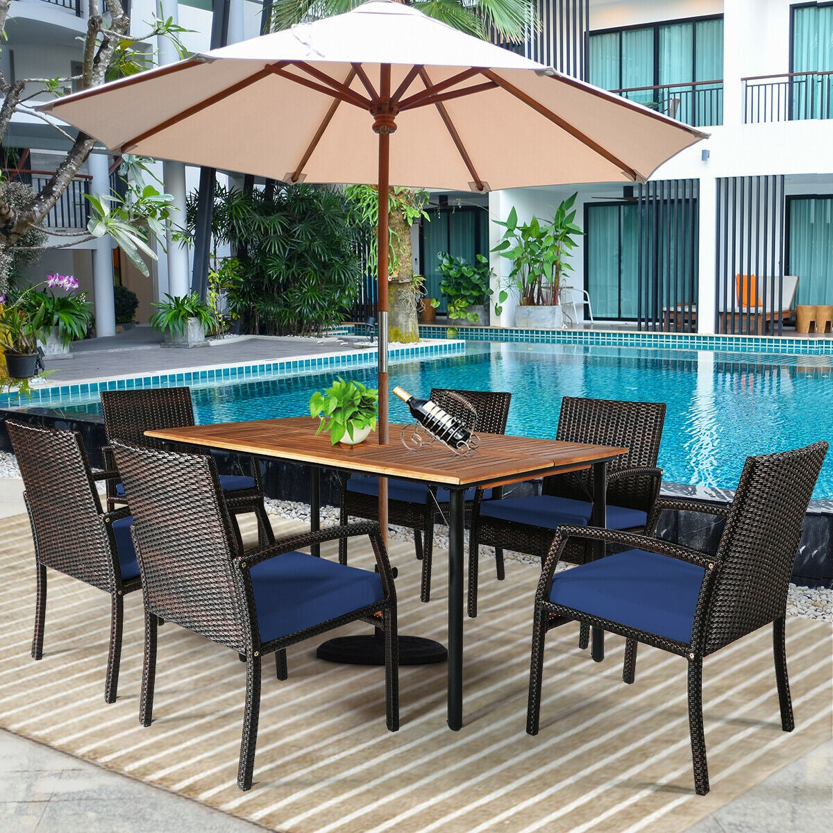 7-Piece Rattan Patio Dining Set with Acacia Table and Umbrella Hole