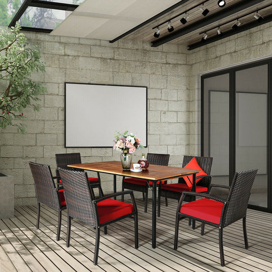 7-Piece Rattan Patio Dining Set with Acacia Table and Umbrella Hole