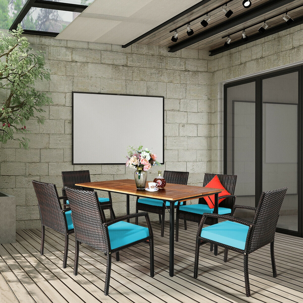 7-Piece Rattan Patio Dining Set with Acacia Table and Umbrella Hole