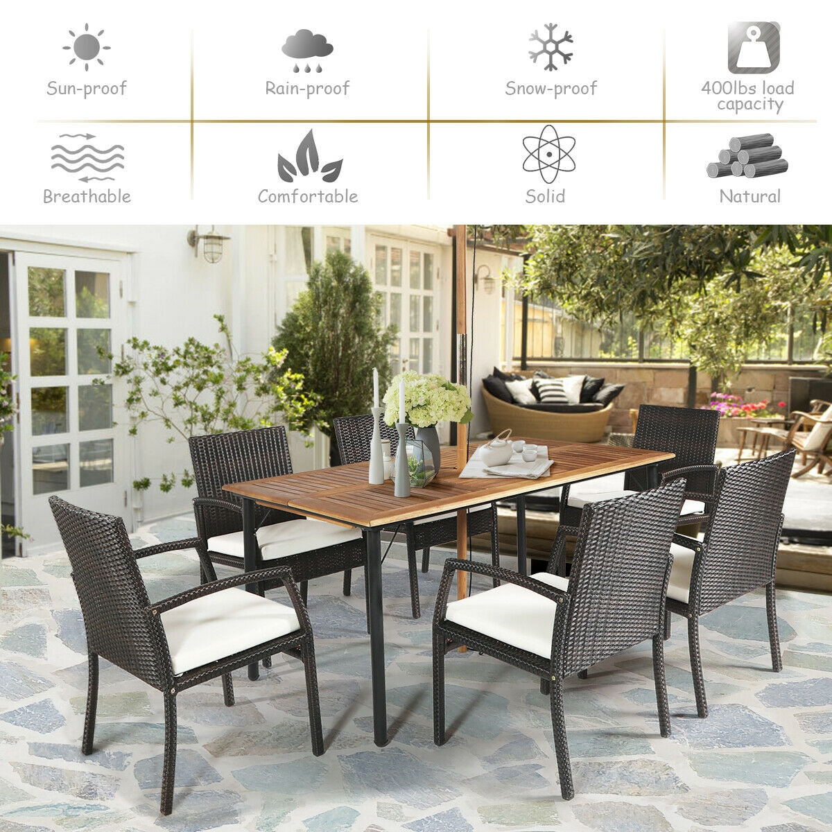 7-Piece Rattan Patio Dining Set with Acacia Table and Umbrella Hole
