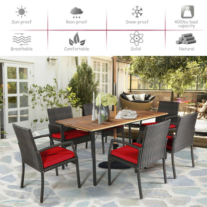 7-Piece Rattan Patio Dining Set with Acacia Table and Umbrella Hole