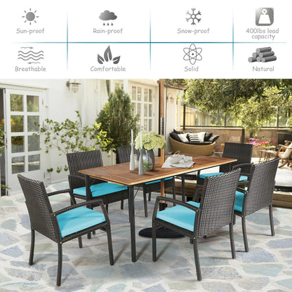 7-Piece Rattan Patio Dining Set with Acacia Table and Umbrella Hole
