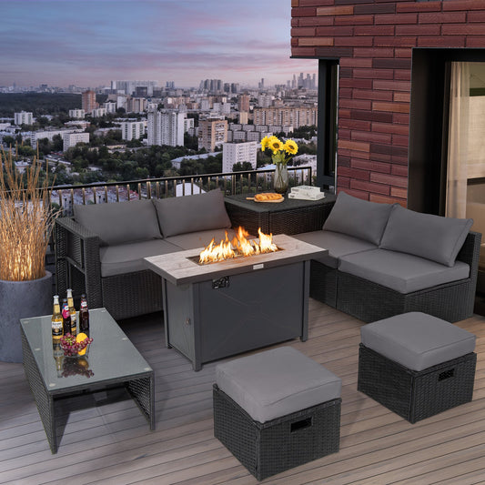 9-Piece Rattan Patio Sectional Set with 42-Inch Gas Fire Pit Table