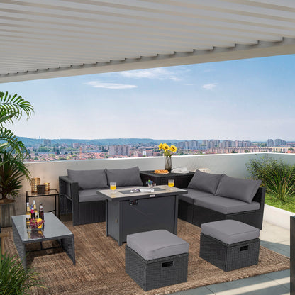 9-Piece Rattan Patio Sectional Set with 42-Inch Gas Fire Pit Table