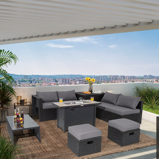 9-Piece Rattan Patio Sectional Set with 42-Inch Gas Fire Pit Table