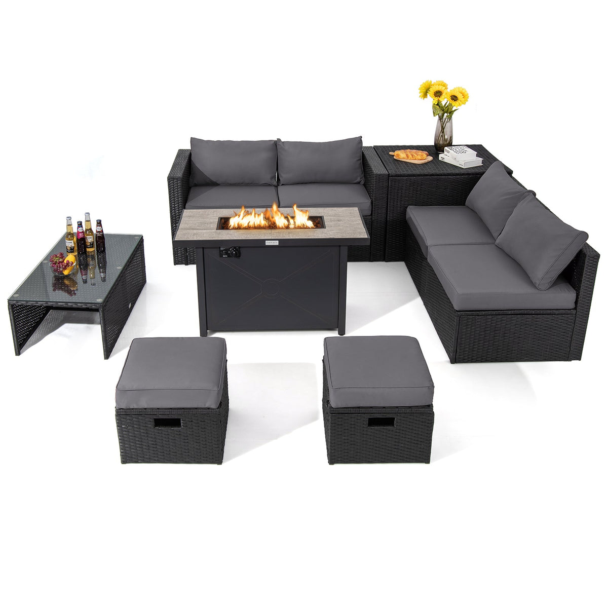 9-Piece Rattan Patio Sectional Set with 42-Inch Gas Fire Pit Table
