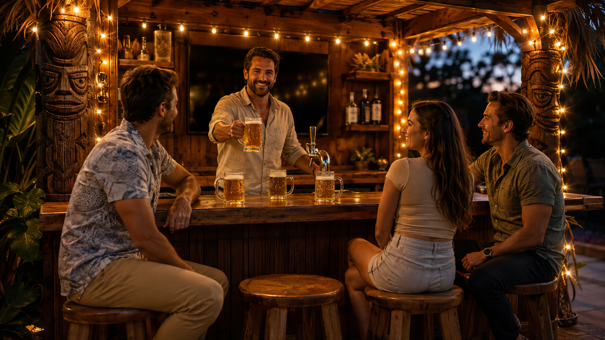 A bartender in a rustic wooden bar serves beer to three seated men and a woman under warm string lights. The scene is warmly lit with amber and golden tones, featuring carved wooden decor, shelves with bottles, and glassware on the counter.