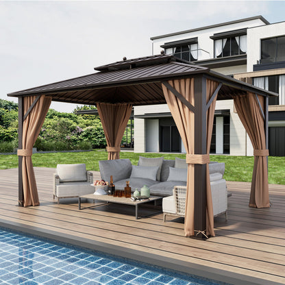 10 × 13 ft Double-Roof Hardtop Gazebo with Netting & Curtains – Coffee