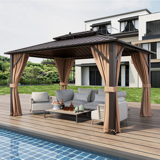 10 × 13 ft Double-Roof Hardtop Gazebo with Netting & Curtains – Coffee