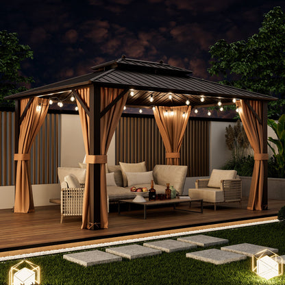 10 × 13 ft Double-Roof Hardtop Gazebo with Netting & Curtains – Coffee