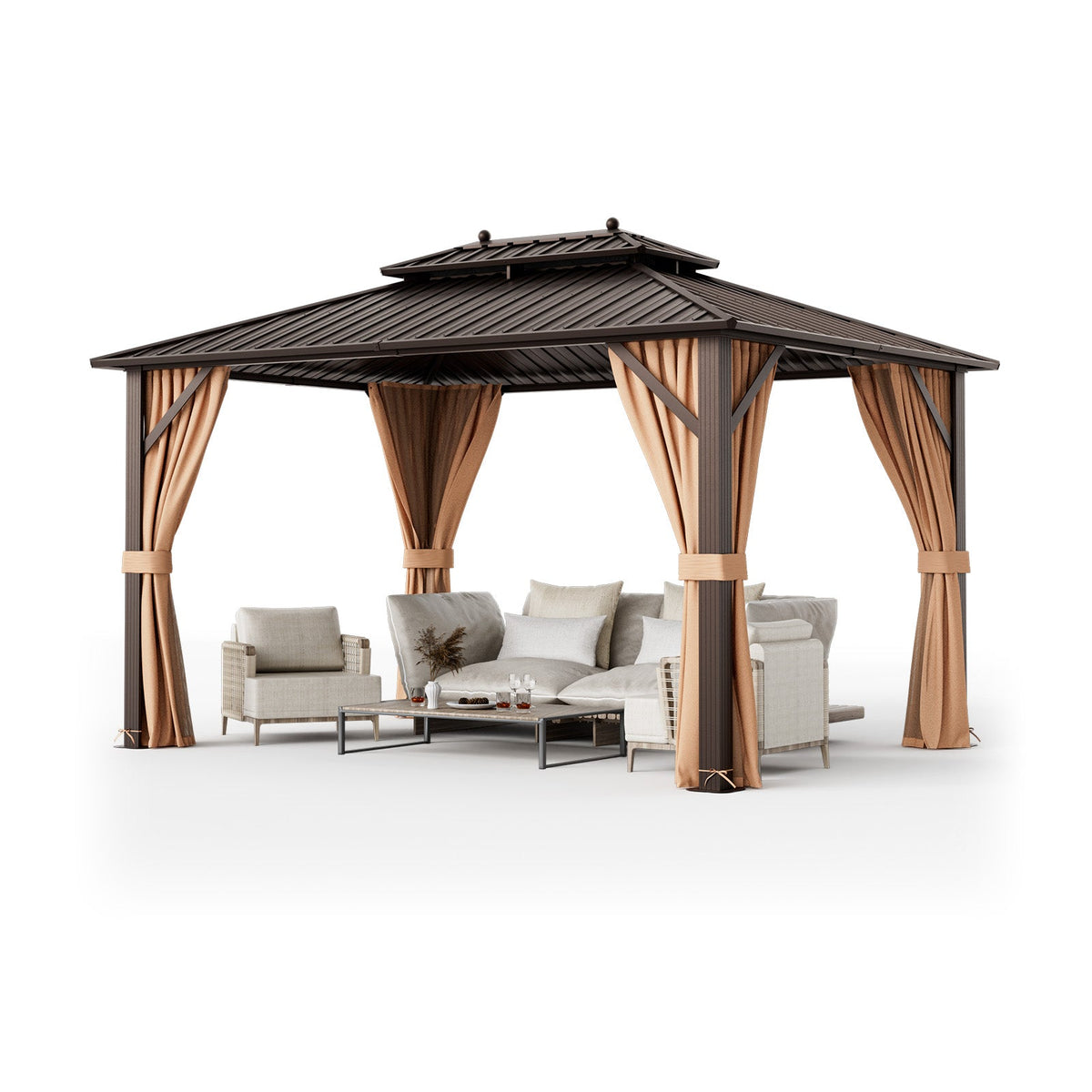 10 × 13 ft Double-Roof Hardtop Gazebo with Netting & Curtains – Coffee