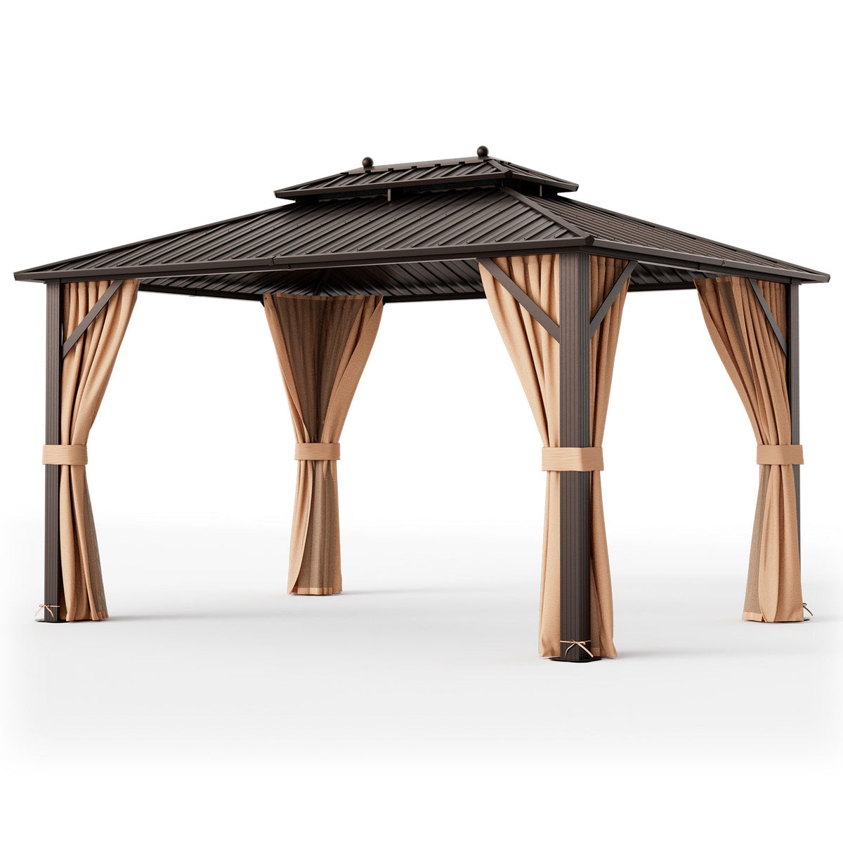 10 × 13 ft Double-Roof Hardtop Gazebo with Netting & Curtains – Coffee